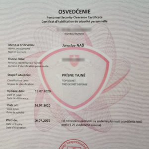 Osvedčenie - minister obrany SR Jaroslav Naď