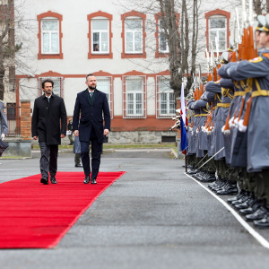 Ministri kráčajú pre nastúpenou čestnou strážou